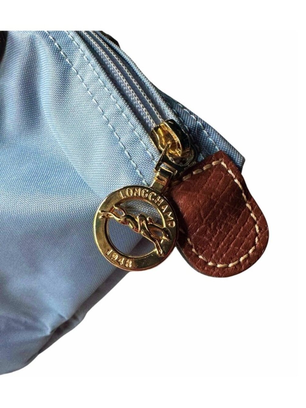 Longchamp Le Pliage Womens Tote Bag Small Light Blue Brown Leather Long Straps - Picture 6 of 16